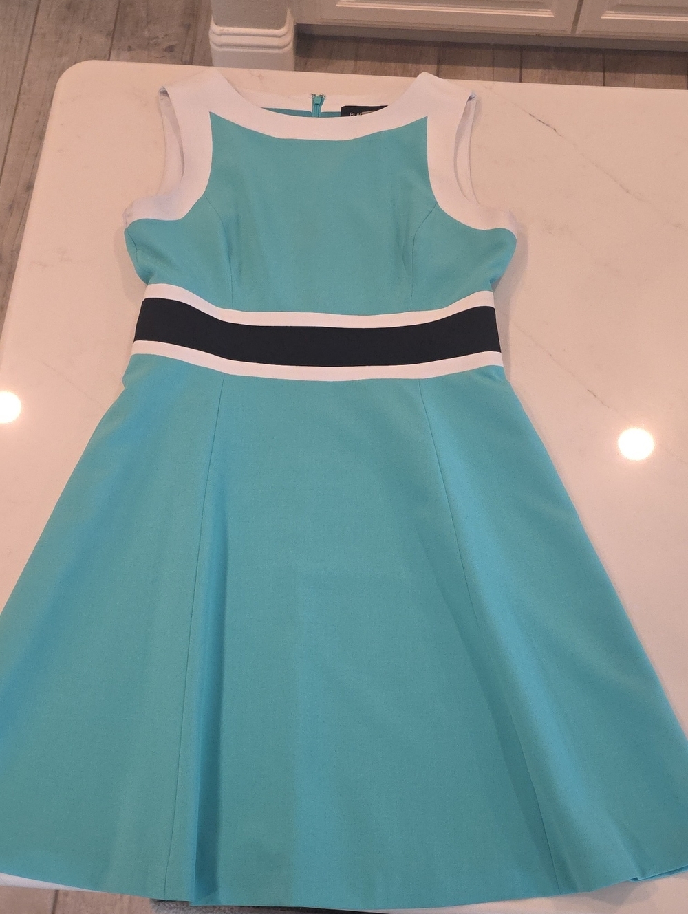 Women's Aqua Fit-and-Flare Dress with Black and White Waistband